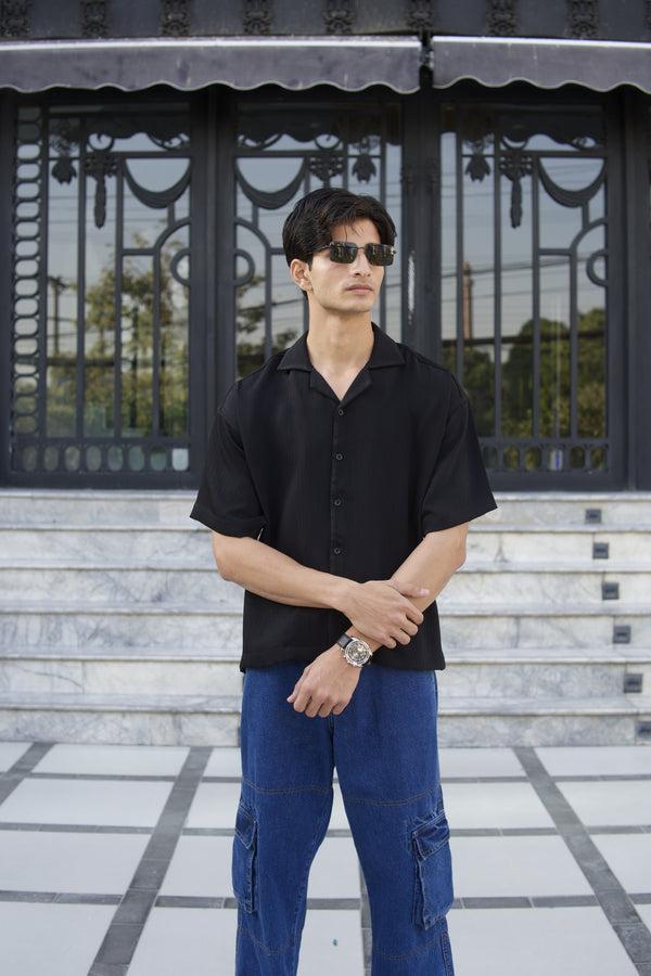Men's Oversized Drop Shoulder Cuban Shirt - Black