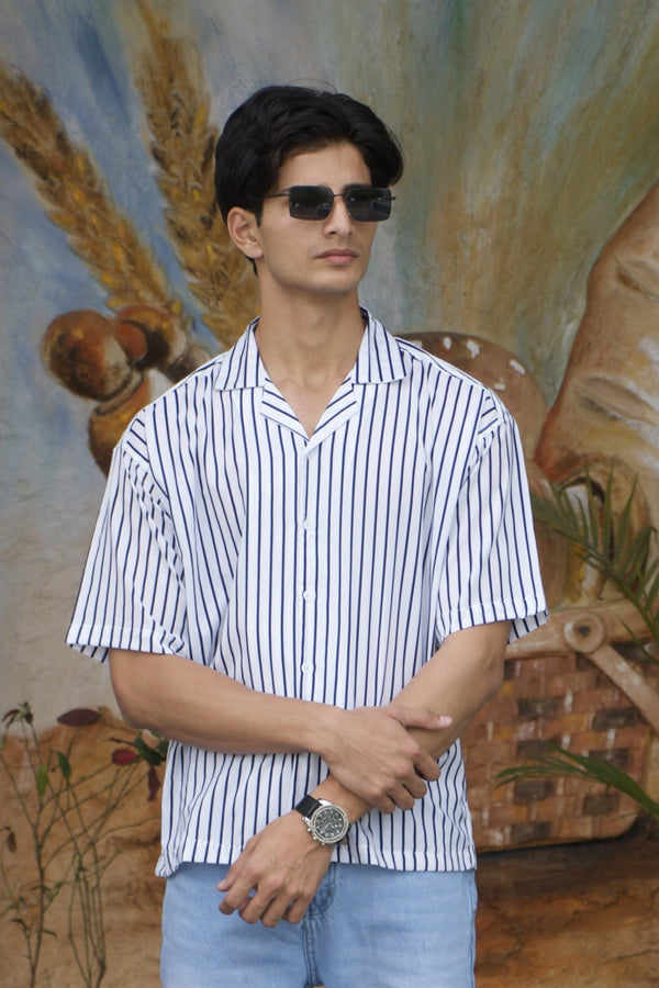 Men's Oversized Drop Shoulder Cuban Shirt - Blue Stripes