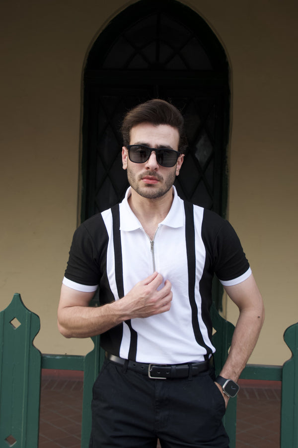 Men's Zipper Polo - Black White