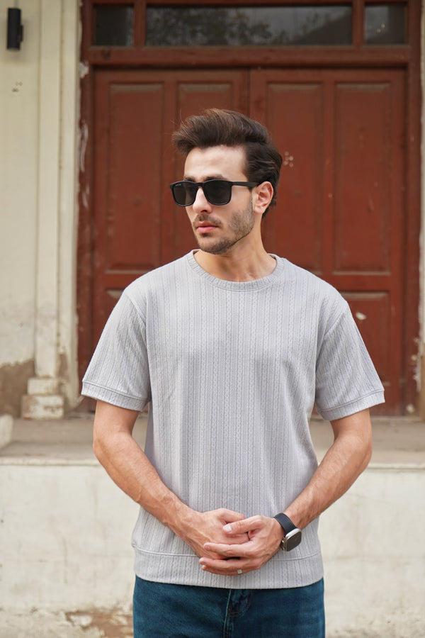Men's Textured Round Neck T-shirt - Grey
