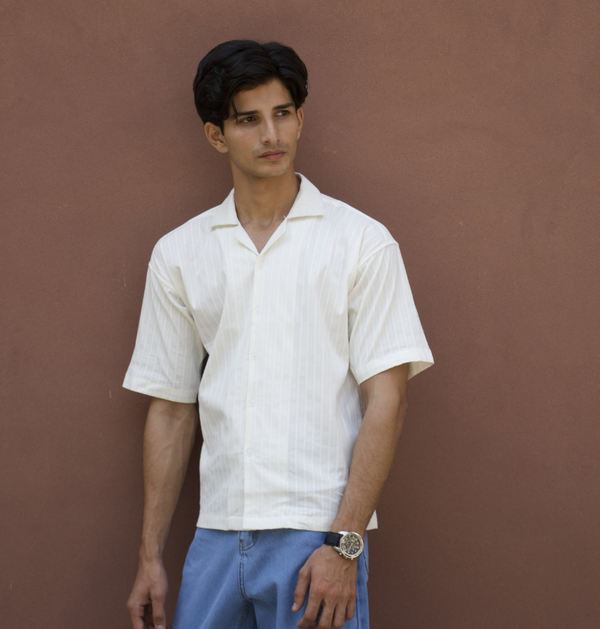 Men's Oversized Drop Shoulder Cuban Shirt - White