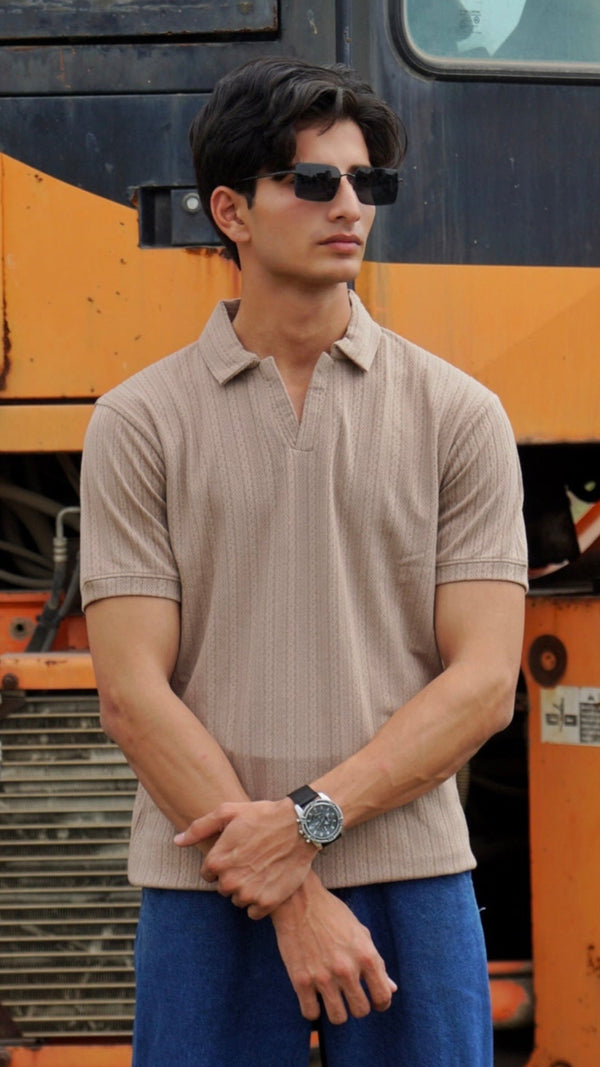 Men's V-NECK Textured Polo - Beige