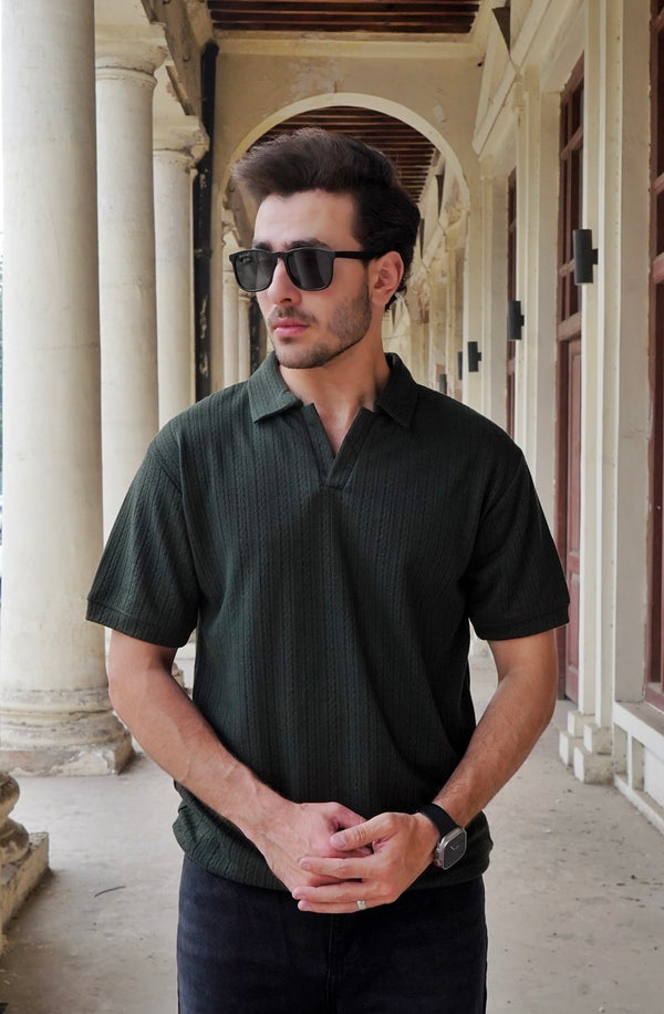 Men’s V-NECK Textured Polo - Green