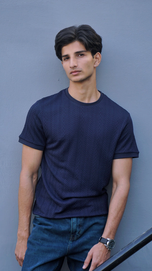 Men’s Textured Round Neck T-shirt - Navy Blue